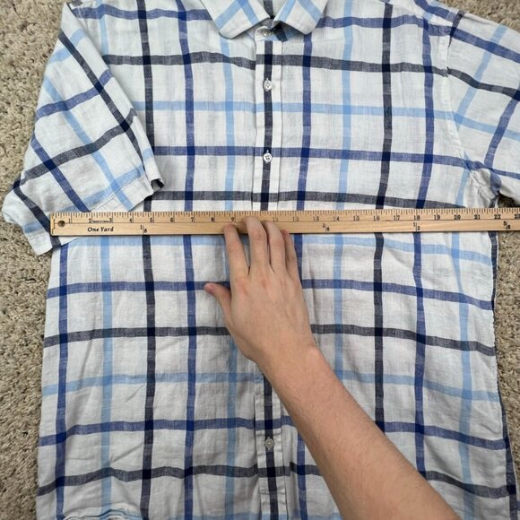 Alan Flusser Linen Blend Shirt Men Large Short Sleeve Button Up White Blue Check - Picture 5 of 6